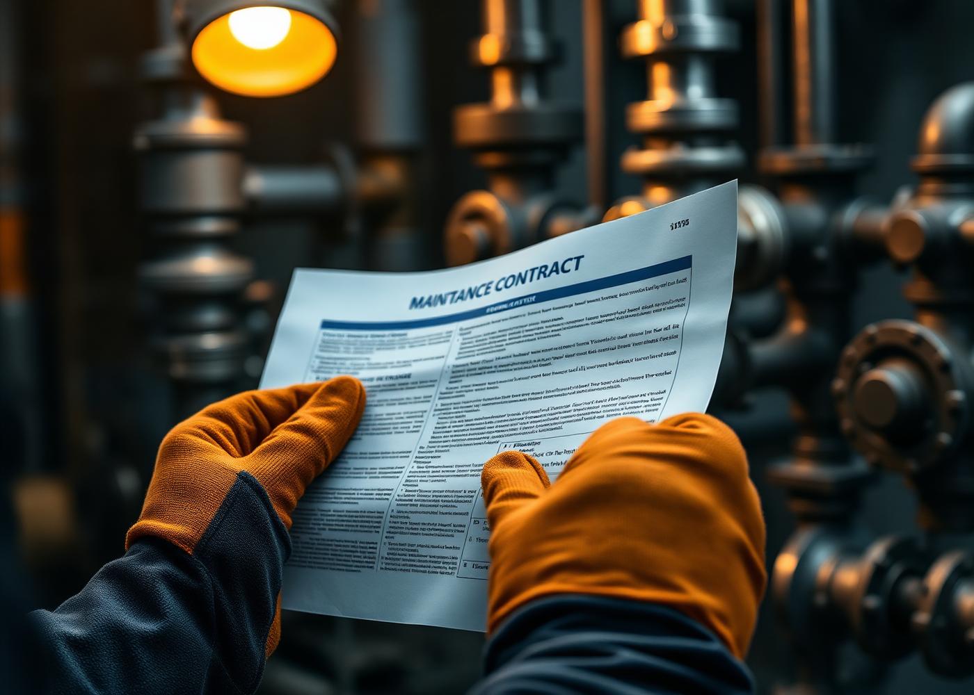 Mains gantées examinant un contrat de maintenance industrielle devant une installation de tuyauterie